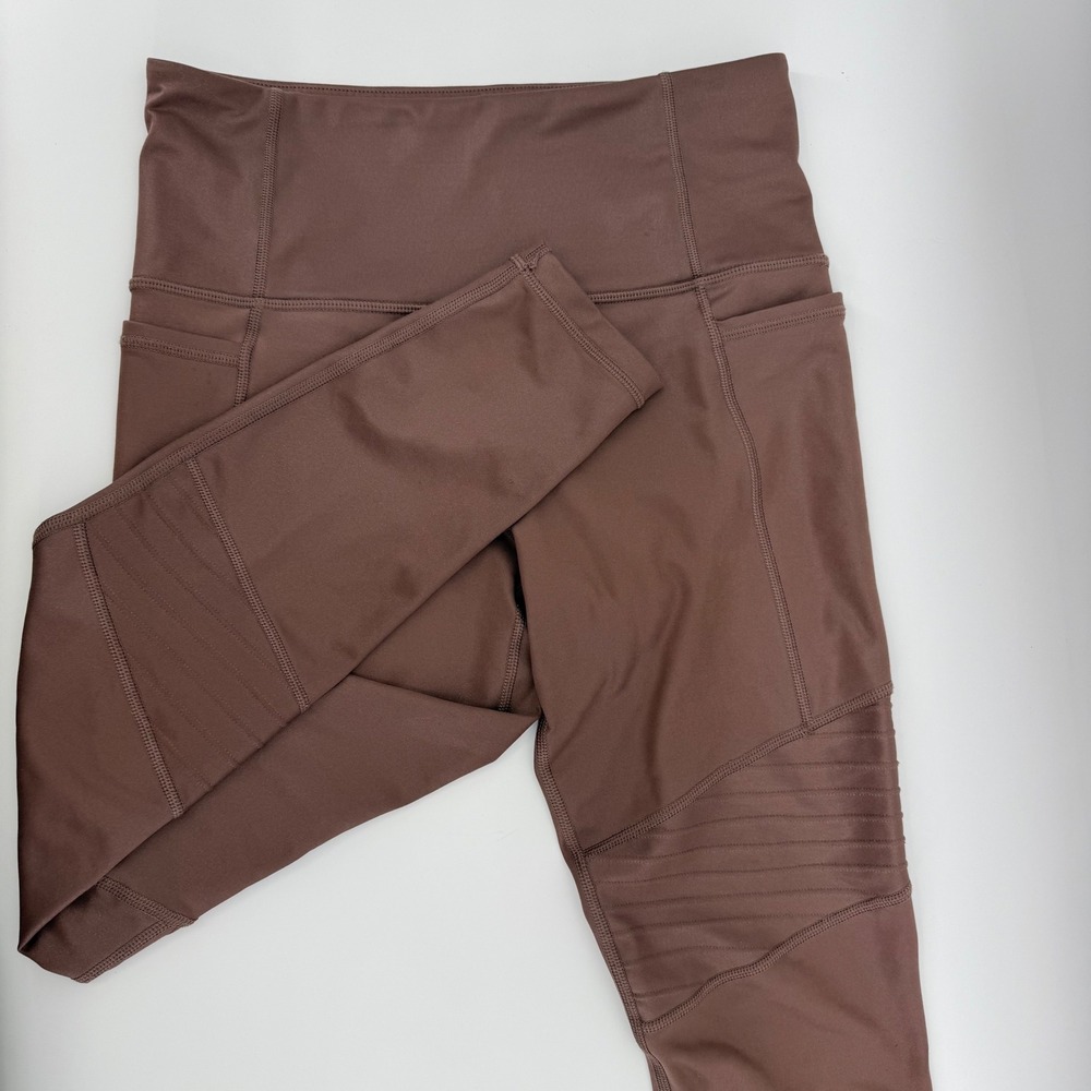 Athleta Inclination Moto Tight Brown High Rise Leggings Ribbed Pockets Small